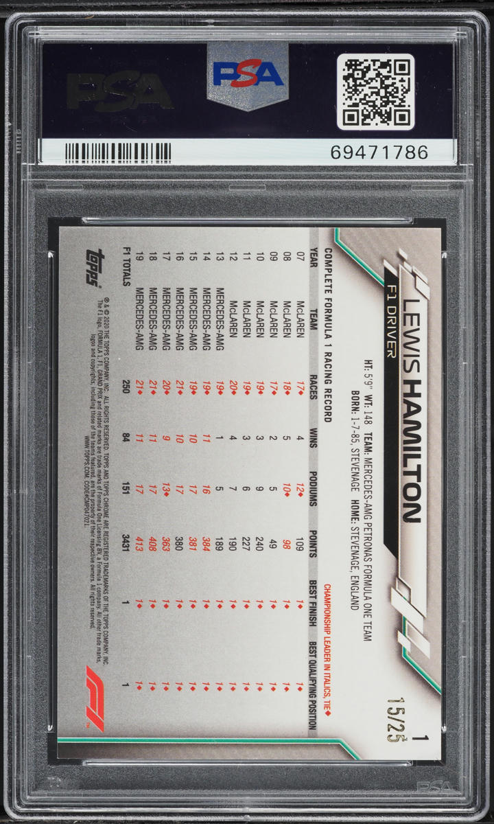 2020 Topps Chrome Formula 1 F1 Sapphire Ed Orange Lewis Hamilton /25 PSA 8 NM-MT