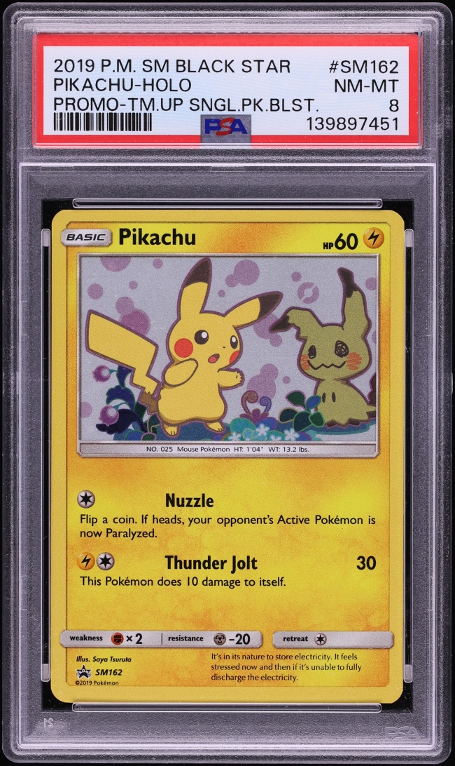 2019 Pokemon Sun & Moon Black Star Promo Team Up Holo Pikachu #SM162 PSA 8 NM-MT