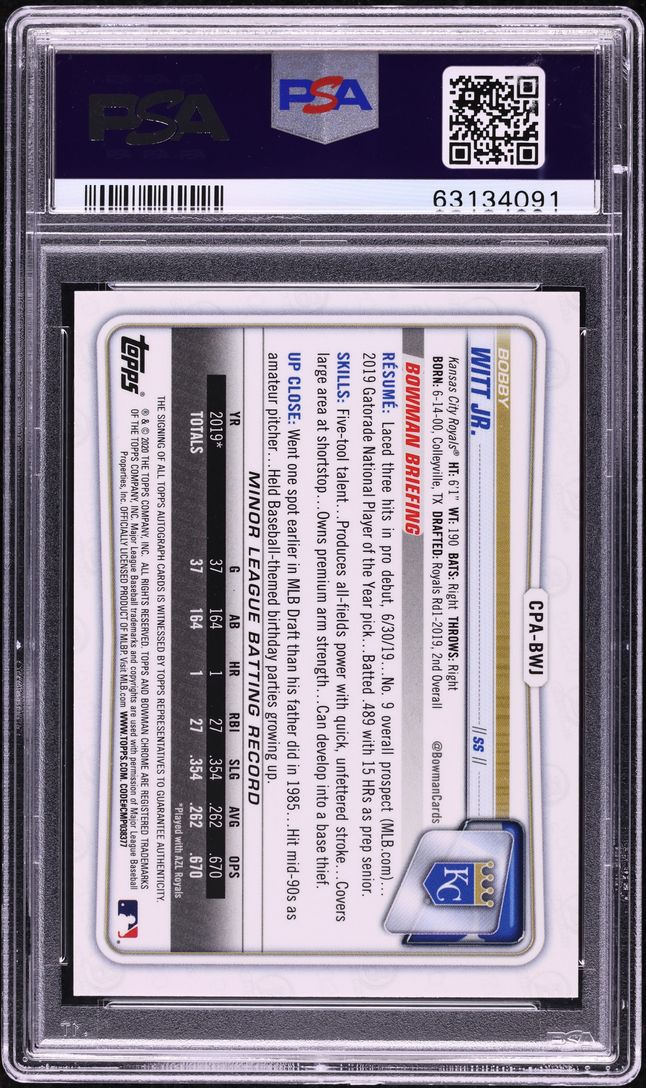 2020 Bowman Chrome Orange Ref. Bobby Witt Jr. PROSPECT AUTO DNA 10 /25 PSA 10