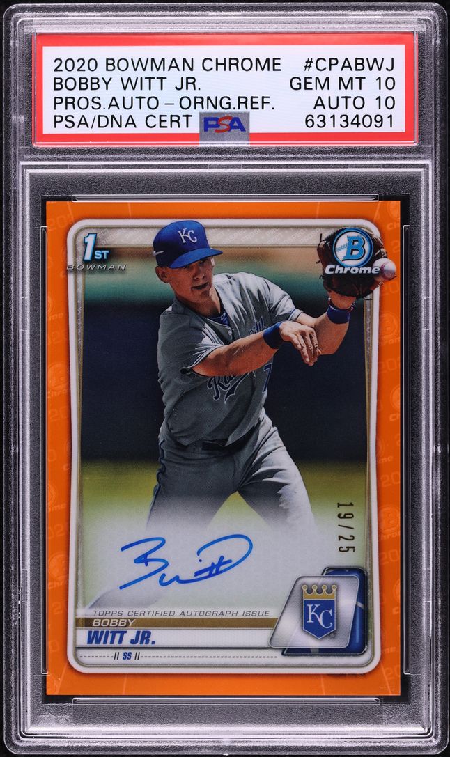 2020 Bowman Chrome Orange Ref. Bobby Witt Jr. PROSPECT AUTO DNA 10 /25 PSA 10