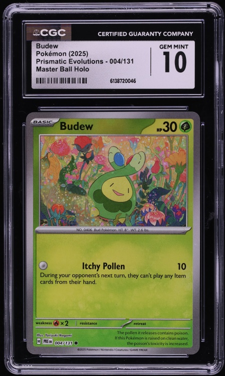 2025 Pokemon Scarlet & Violet Prismatic Evolutions Master Ball Holo Budew #4 CGC 10 GEM MINT