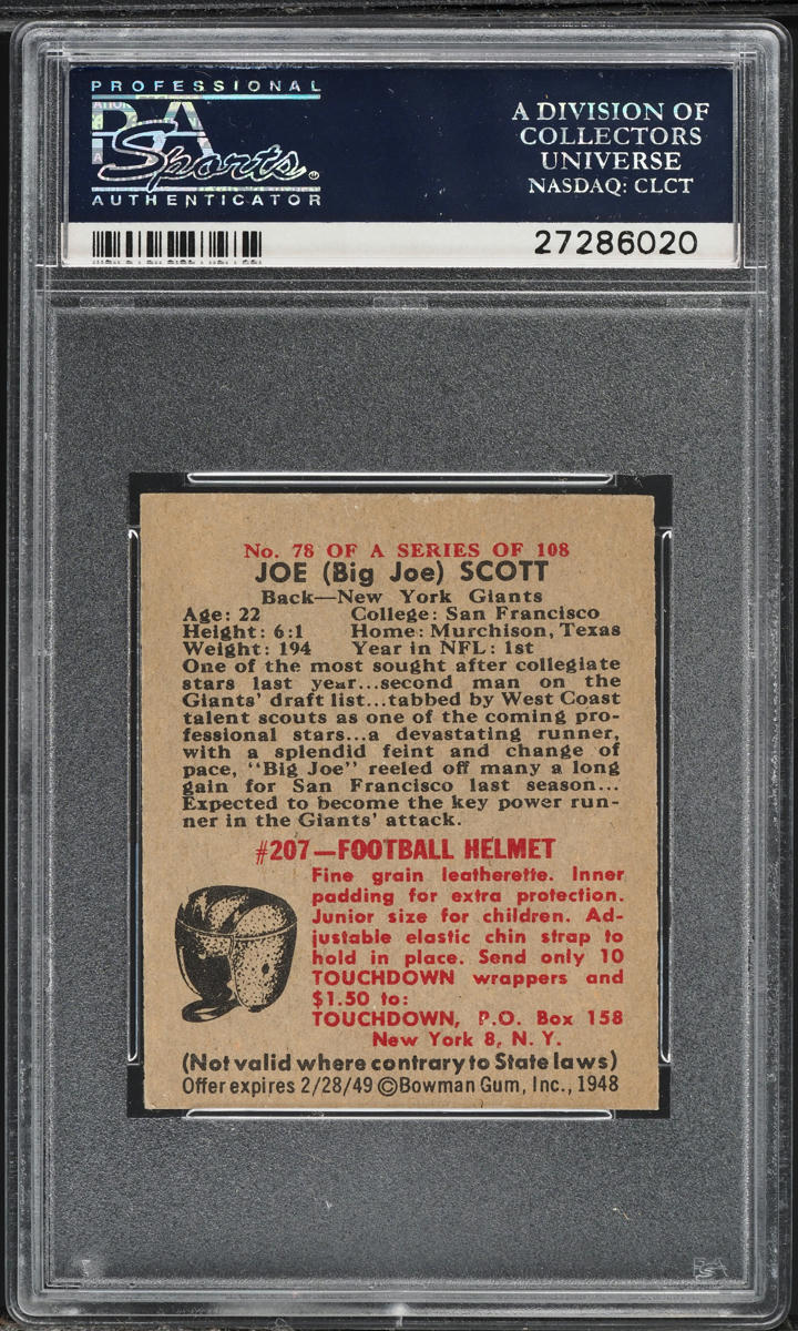 1948 Bowman Football Joe Scott SHORT PRINT #78 PSA 7 NRMT