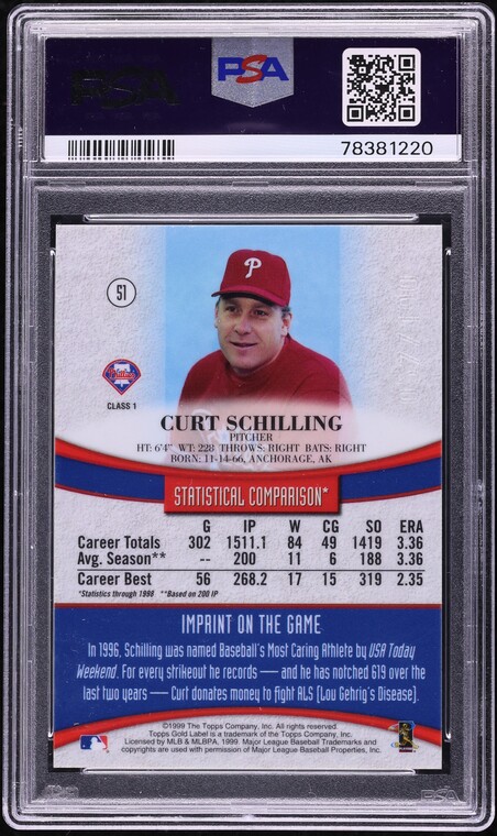 1999 Topps Gold Label Class 1 Red Label Curt Schilling /100 #51 PSA 9 MINT - Photo 2