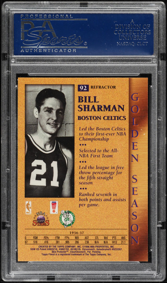 1996 Topps NBA Stars Finest Refractor Bill Sharman #92 PSA 10 GEM MINT