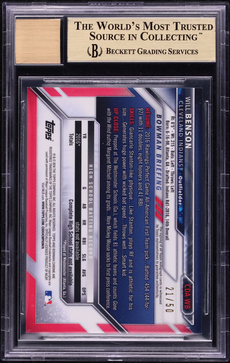2016 Bowman Chrome Gold Wave Refractor Will Benson PROSPECT AUTO /50 BGS 9.5 GEM