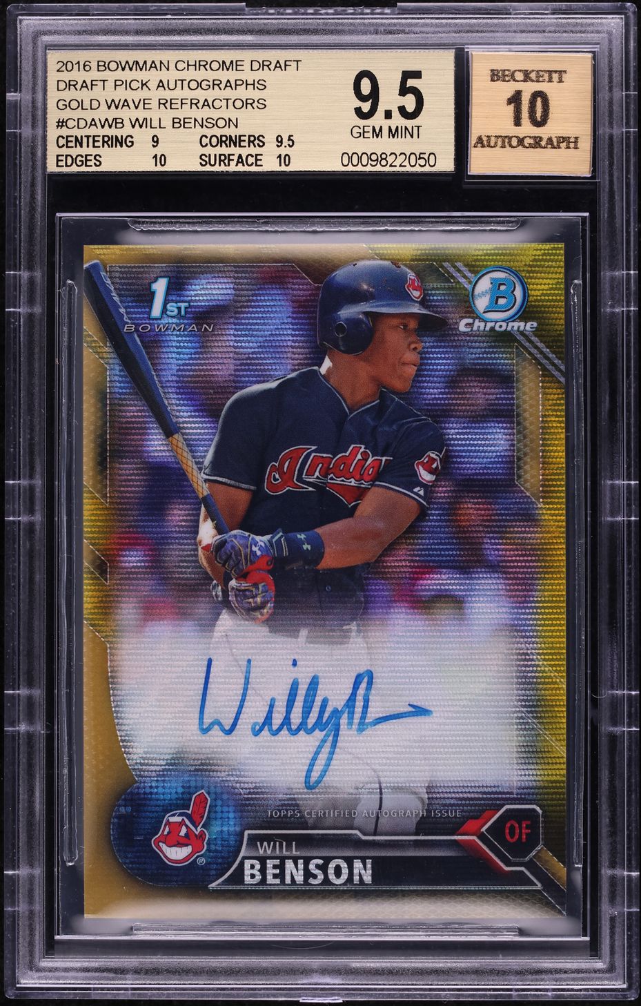 2016 Bowman Chrome Gold Wave Refractor Will Benson PROSPECT AUTO /50 BGS 9.5 GEM
