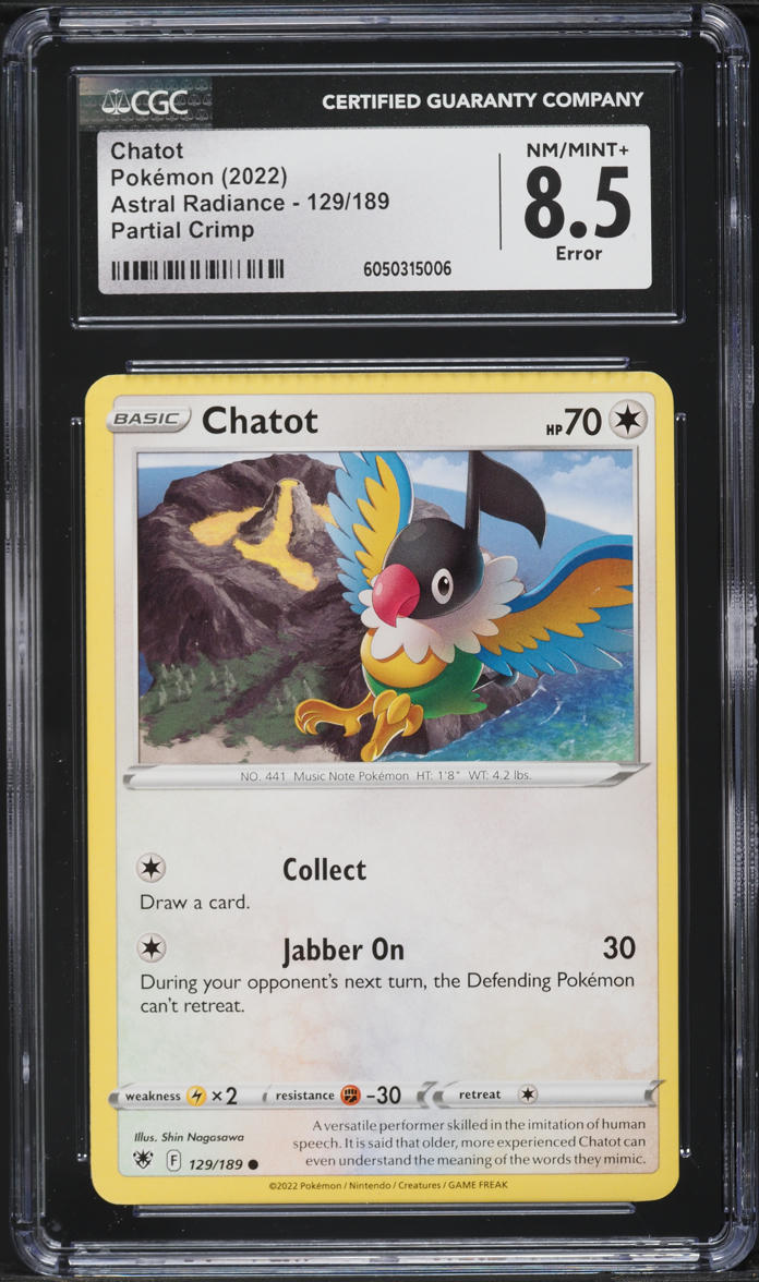 2022 Pokemon SWSH Astral Radiance Partial Crimp Chatot #129 CGC 8.5 NM-MT+