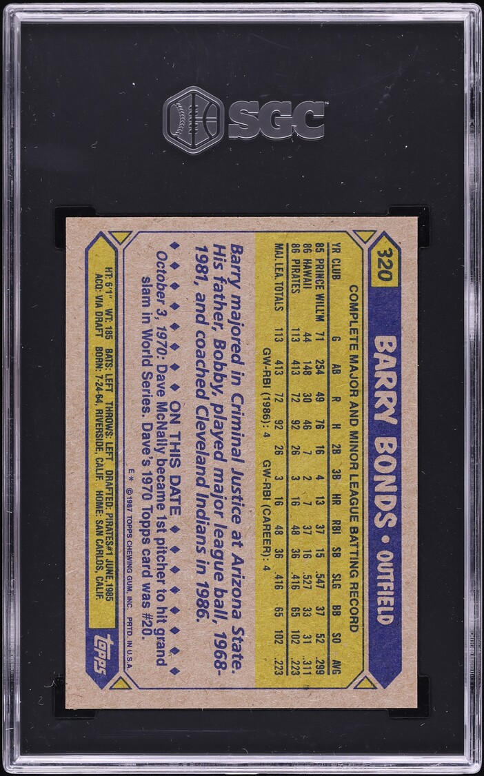 1987 Topps Barry Bonds ROOKIE #320 SGC 10 GEM MINT