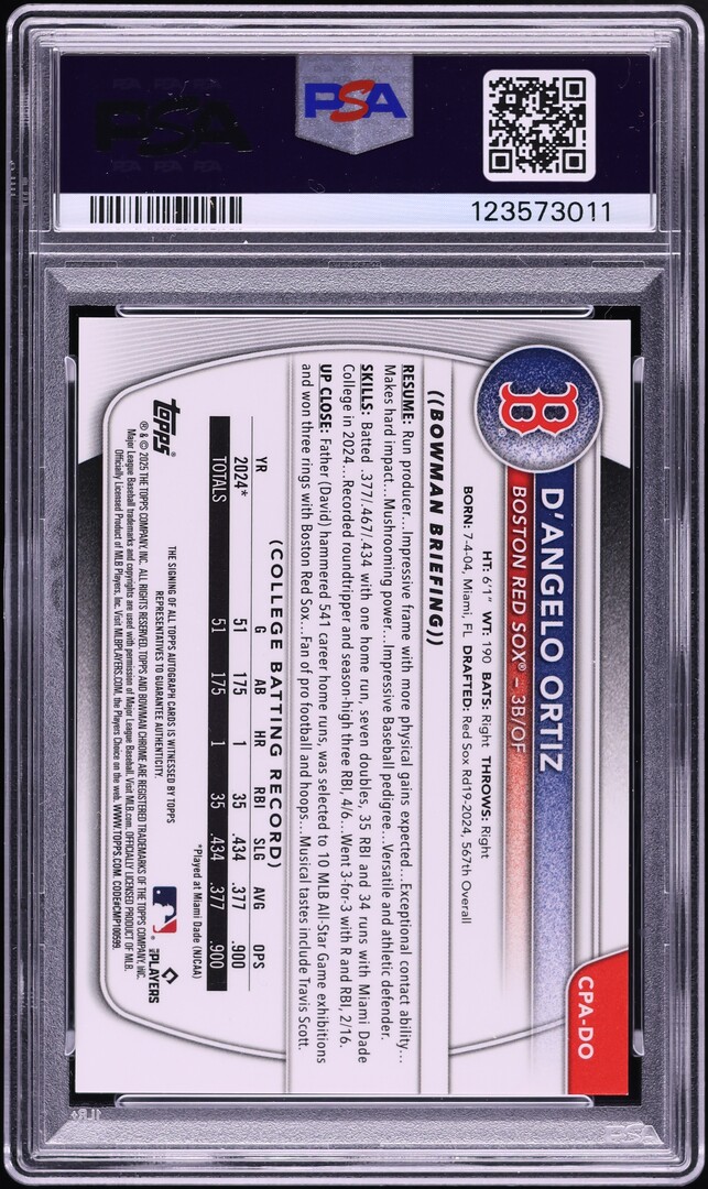 2025 Bowman Chrome D'Angelo Ortiz PROSPECT AUTO #CPADO PSA 10 GEM MINT