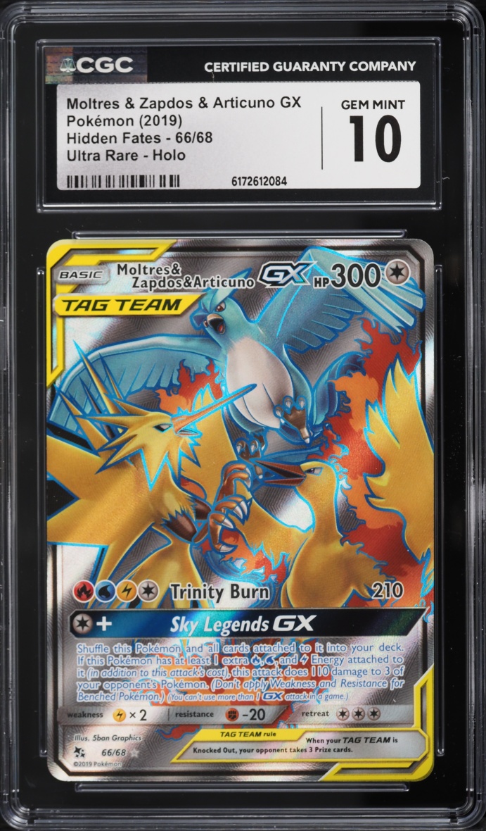2019 Pokemon Sun & Moon Hidden Fates Full Art Moltres & Zapdos & Articuno GX #66 CGC 10 GEM