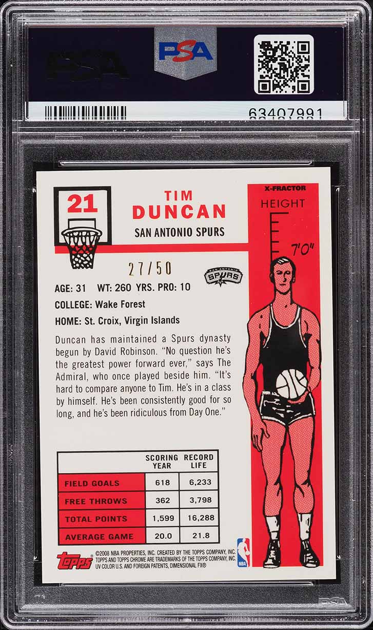 2007 Topps Chrome '57 Variation Xfractor Tim Duncan /50 #21 PSA 9 MINT - Photo 2