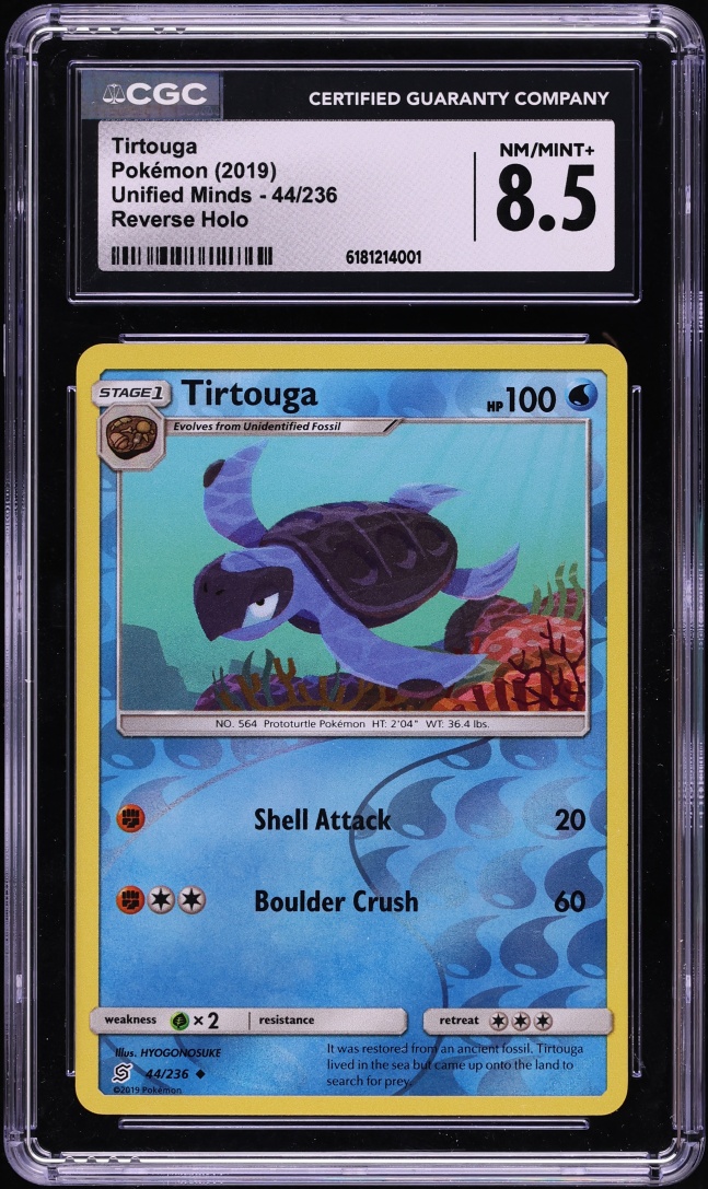 2019 Pokemon Sun & Moon Unified Minds Reverse Holo Tirtouga #44 CGC 8.5 NM-MT+