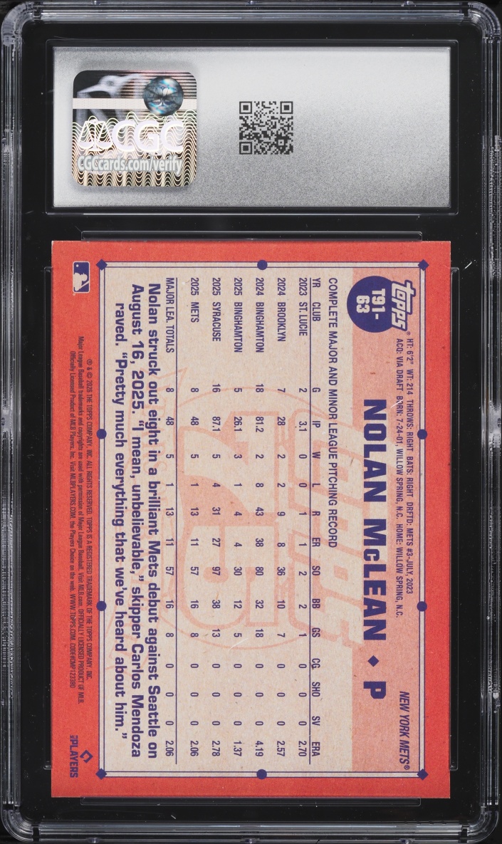 2026 Topps '91 Nolan McLean ROOKIE #T91-63 CGC 9 MINT