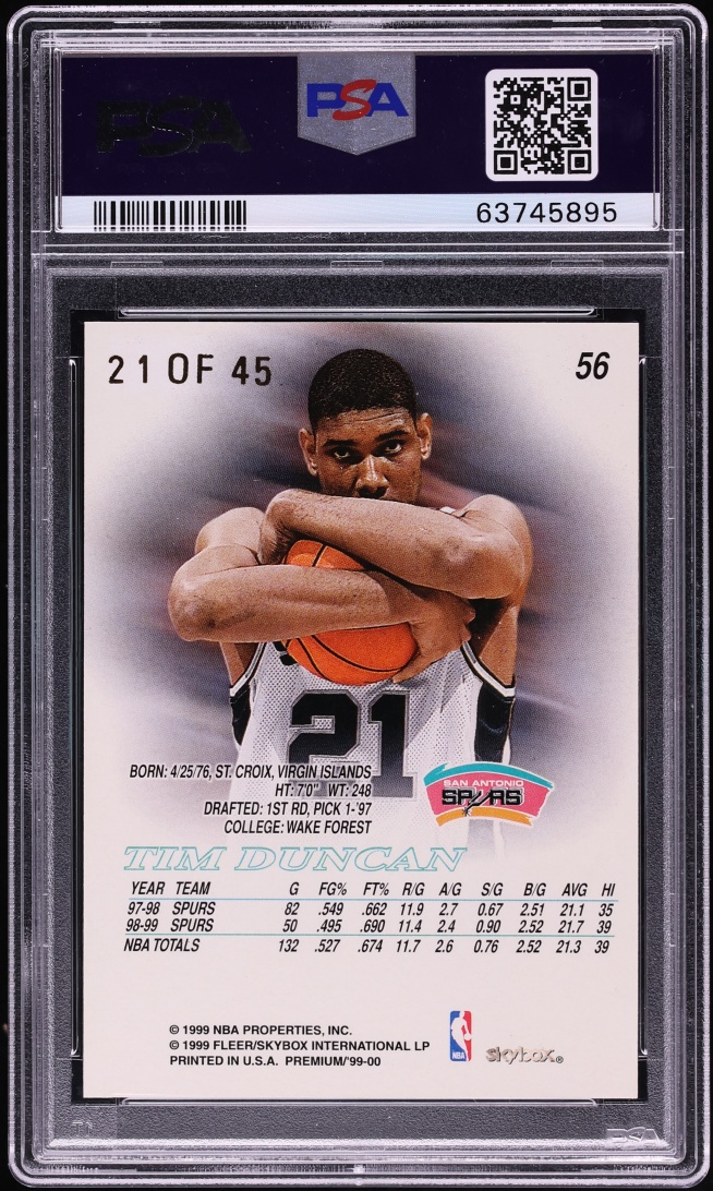 1999 Skybox Premium Star Rubies Tim Duncan JERSEY # 21/45 #56 PSA 6 EXMT - Photo 2