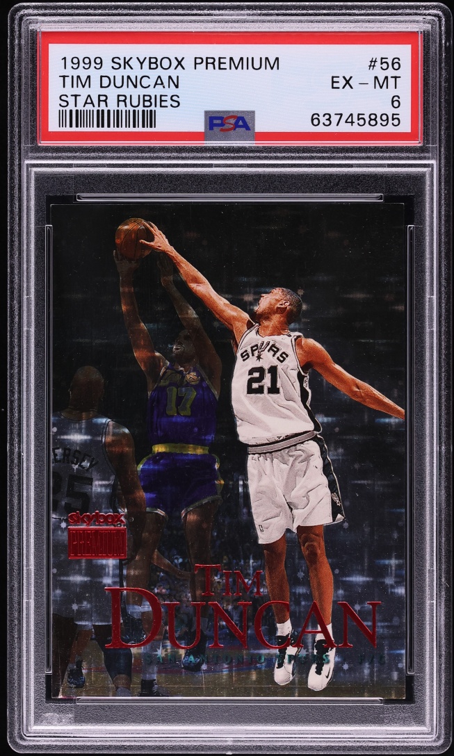 1999 Skybox Premium Star Rubies Tim Duncan JERSEY # 21/45 #56 PSA 6 EXMT - Photo 1