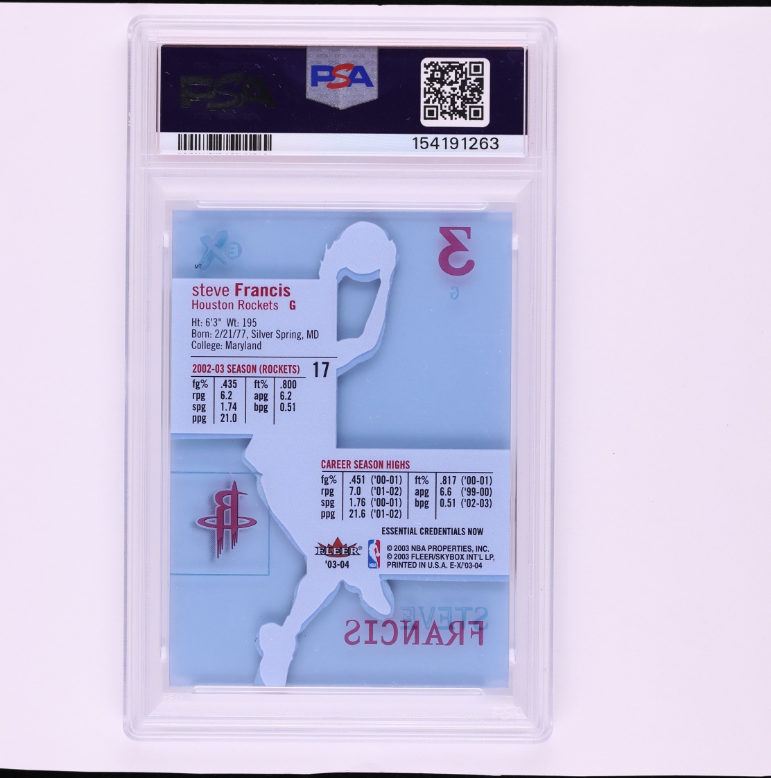 2003 Fleer E-X Essential Credentials Now Steve Francis /17 #17 PSA 7 NRMT - Photo 2