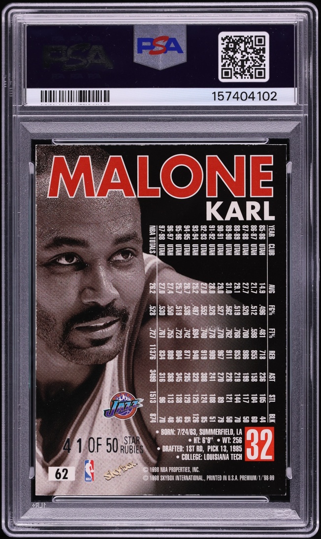 1998 Skybox Premium Star Rubies Karl Malone /50 #62 PSA 6 EXMT - Photo 2