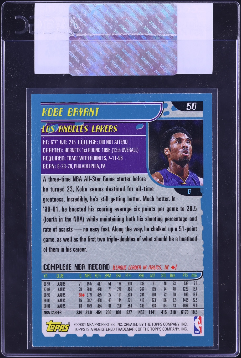 2001 Topps Basketball Kobe Bryant #50 CGC AUTH