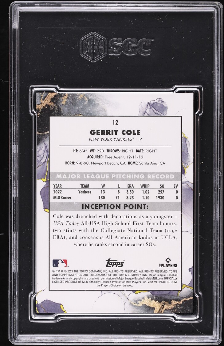 2023 Topps Inception Blue Gerrit Cole /25 #12 SGC 10 GEM MINT on ...