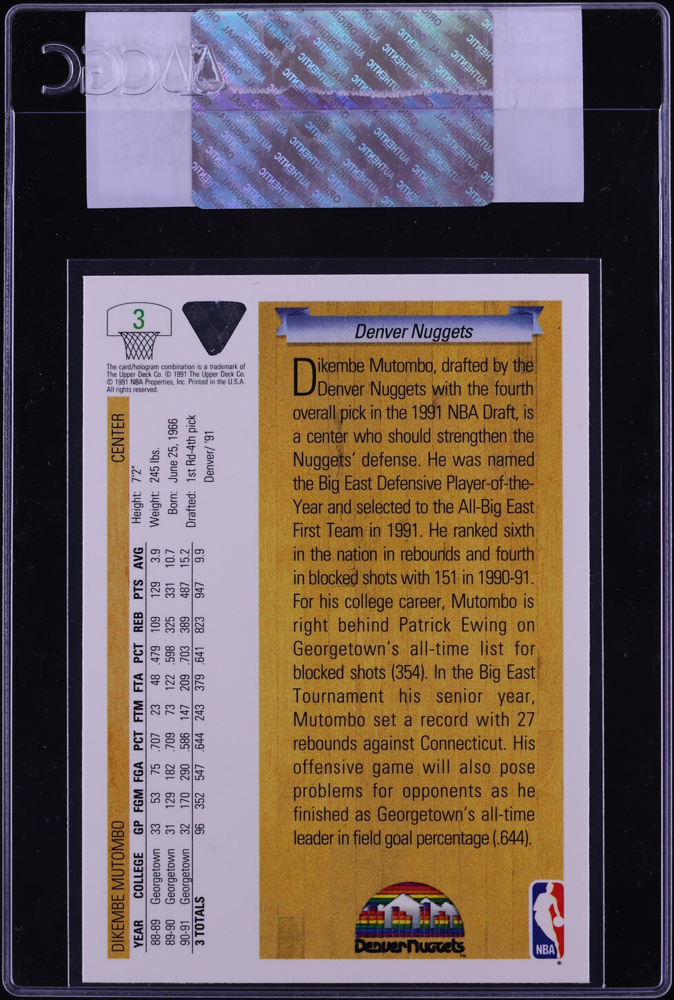 1991 Upper Deck Basketball Dikembe Mutombo ROOKIE #3 CGC AUTH