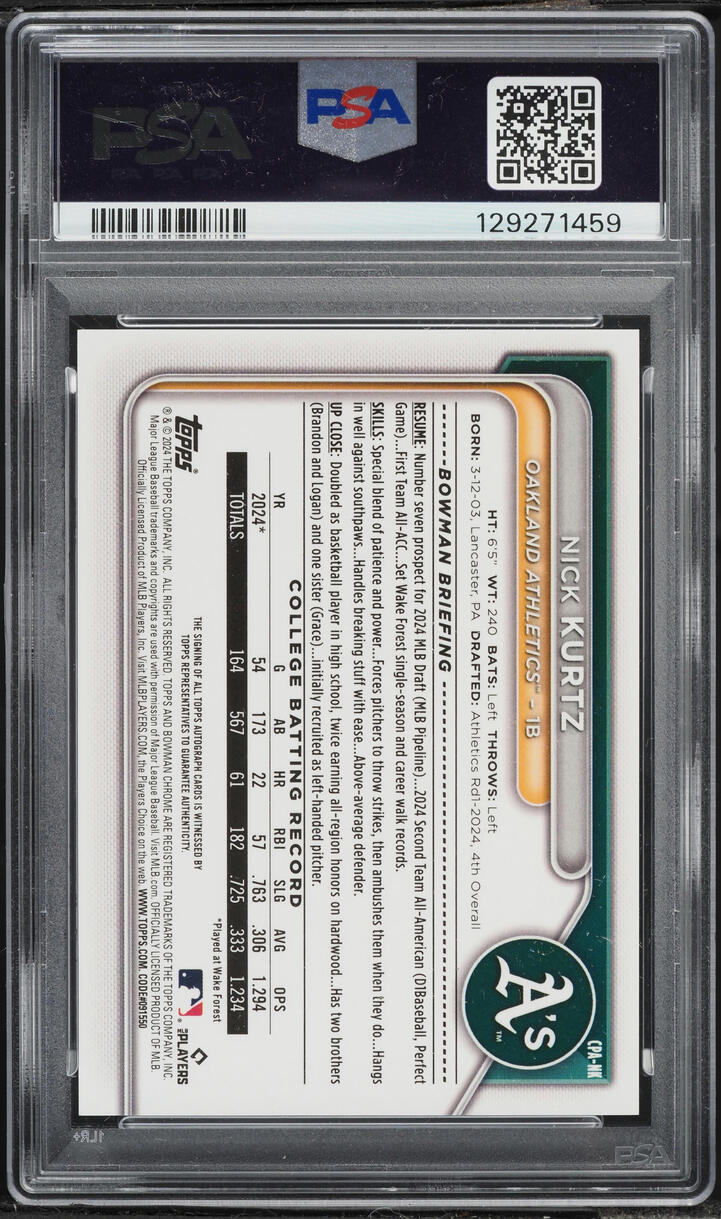 2024 Bowman Chrome Black Xfractor Nick Kurtz PROSPECT AUTO 1/10 #CPA-NK PSA 10 GEM MINT