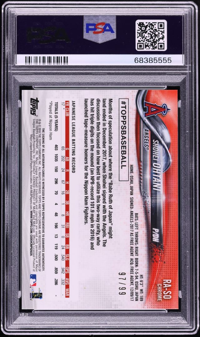 2018 Topps Chrome Green Refractor Shohei Ohtani ROOKIE AUTO DNA 10 /99 #RA-SO PSA 9 MINT