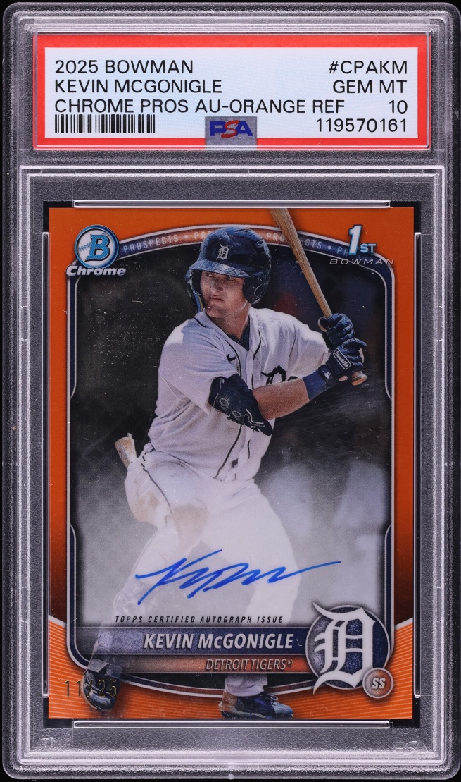 2025 Bowman Chrome Orange Refractor Kevin McGonigle PROSPECT AUTO /25 #CPA-KM PSA 10 GEM MINT