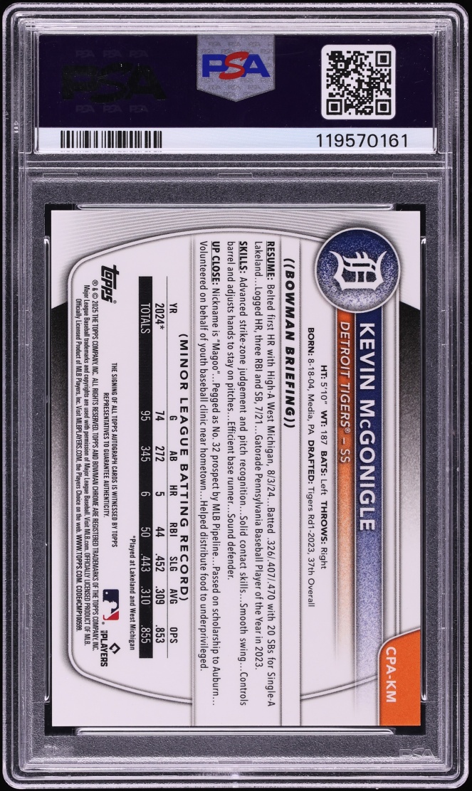 2025 Bowman Chrome Orange Refractor Kevin McGonigle PROSPECT AUTO /25 #CPA-KM PSA 10 GEM MINT