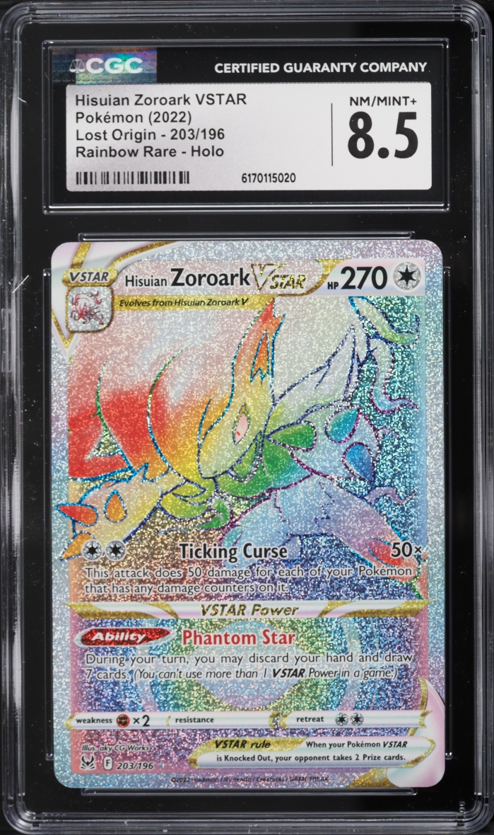 2022 Pokemon Sword & Shield Lost Origin Rainbow Rare Hisuian Zoroark VSTAR #203 CGC 8.5 NM-MT+