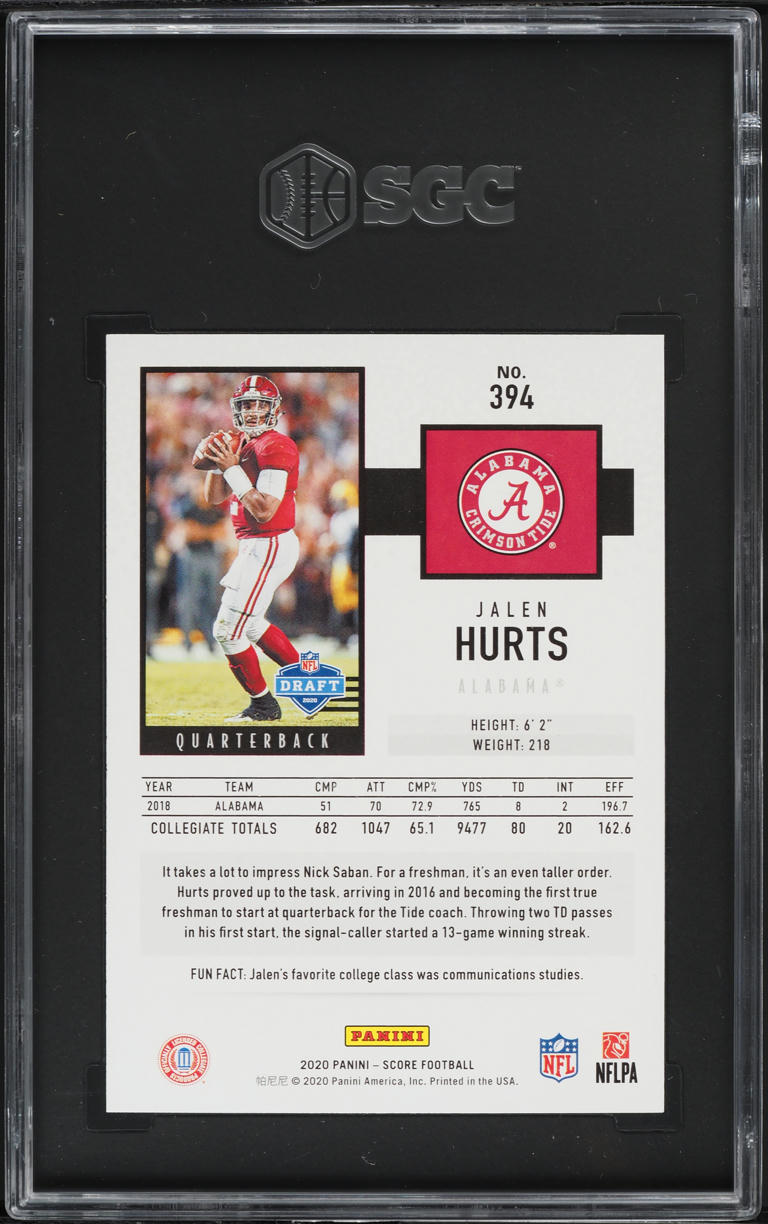 2020 Score Football Jalen Hurts ROOKIE #394 SGC 10 GEM MINT
