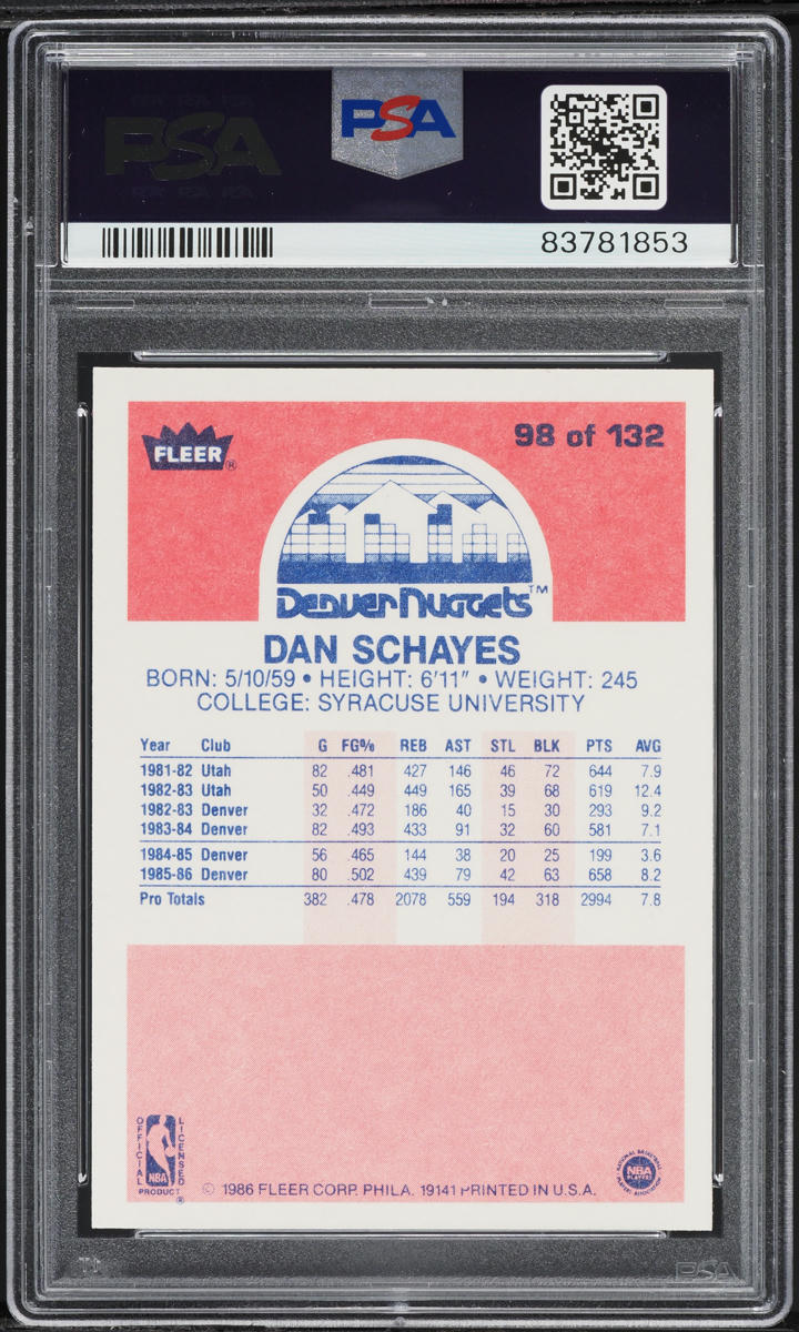 1986 Fleer Basketball Dan Schayes #98 PSA 9 MINT