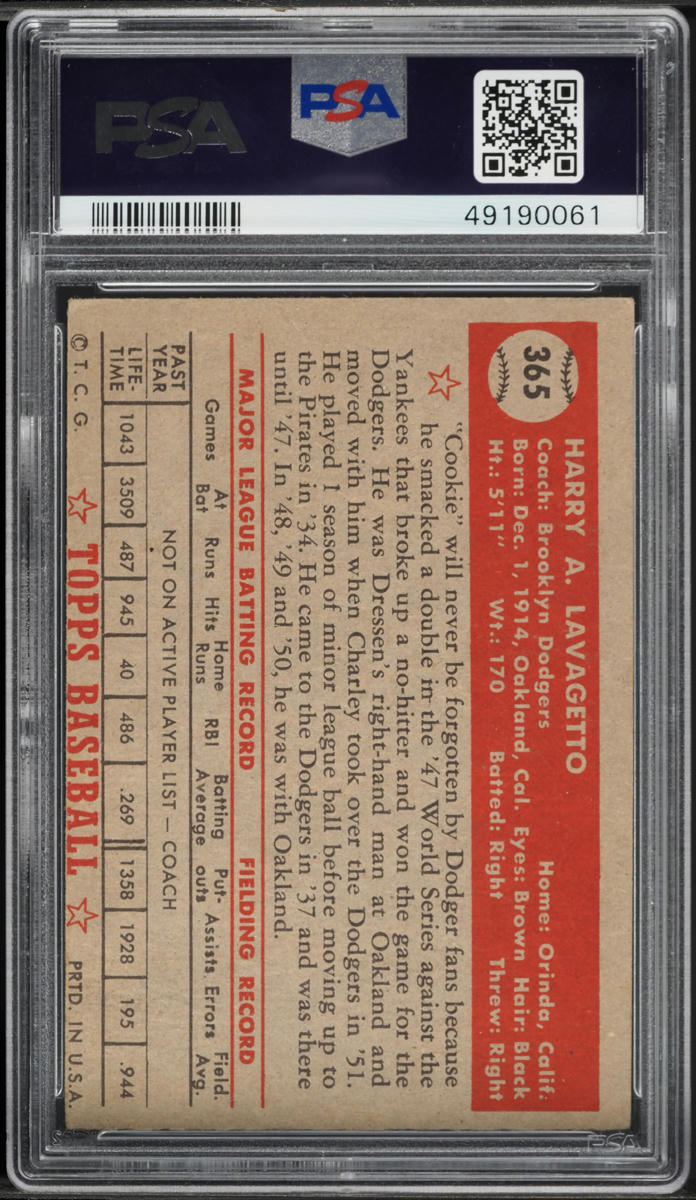 1952 Topps Cookie Lavagetto #365 PSA 5 EX