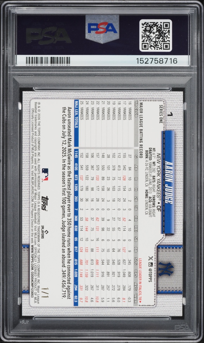 2026 Topps Foilfractor Aaron Judge 1/1 #1 PSA 7 NRMT