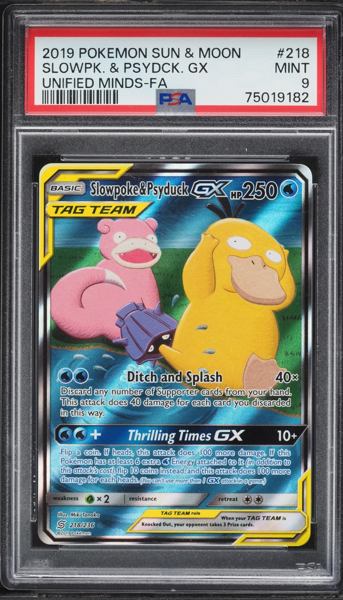 2019 Pokemon Sun & Moon Unified Minds Full Art Slowpoke & Psyduck GX #218 PSA 9 MINT