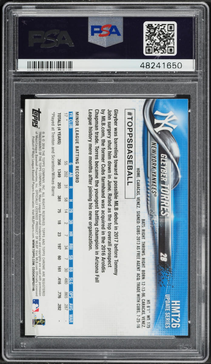 2018 Topps Chrome Update Gleyber Torres ROOKIE #HMT26 PSA 10 GEM