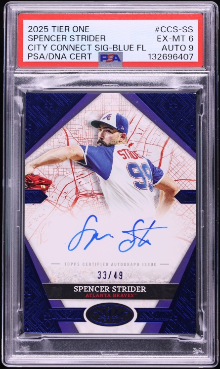 2025 Topps Tier One City Connect Blue Foil Spencer Strider AUTO DNA 9 /49 #CCS-SS PSA 6 EXMT