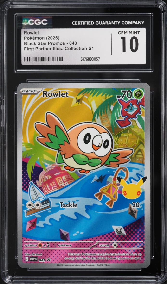 2026 Pokemon Mega Evolution Promo First Partner Illustration S1 Full Art Rowlet #43 CGC 10 GEM