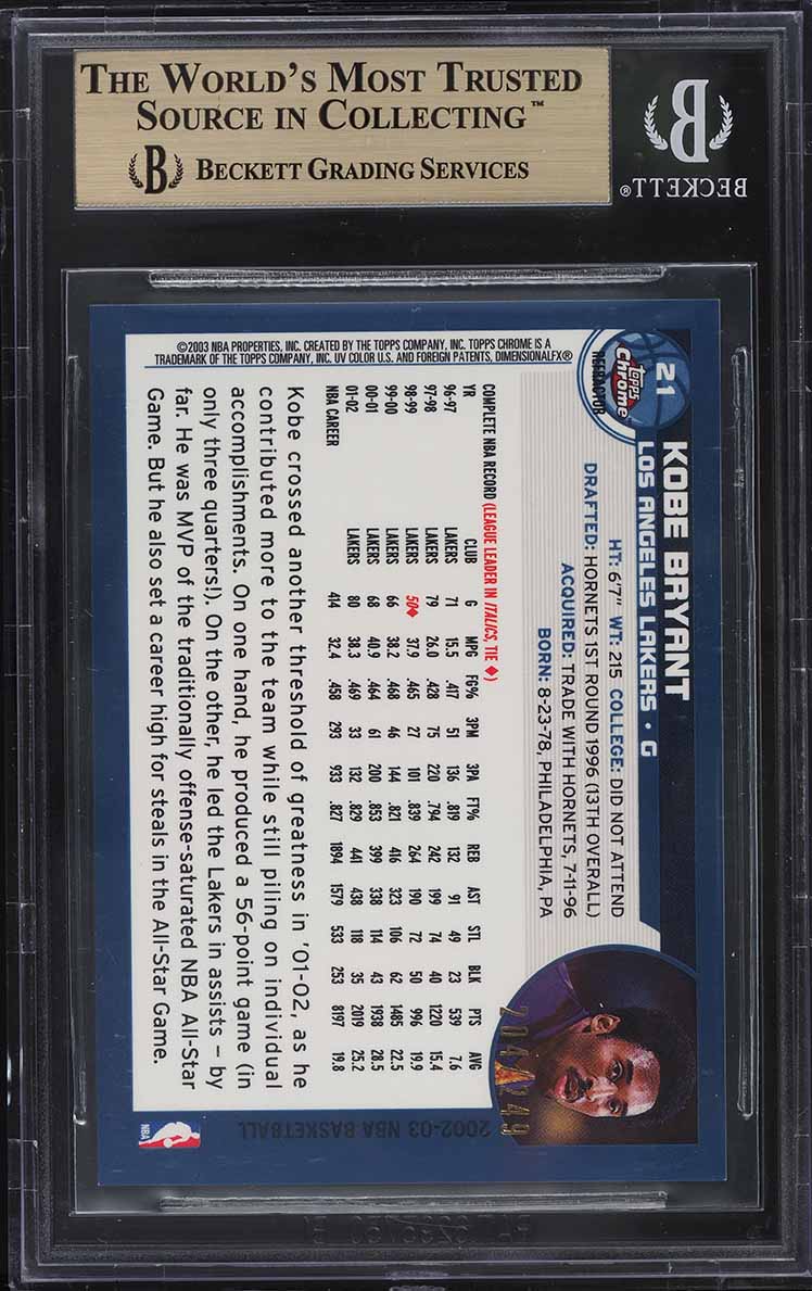 2002 Topps Chrome Refractor White Border Kobe Bryant /249 #21 BGS 9.5 GEM MINT