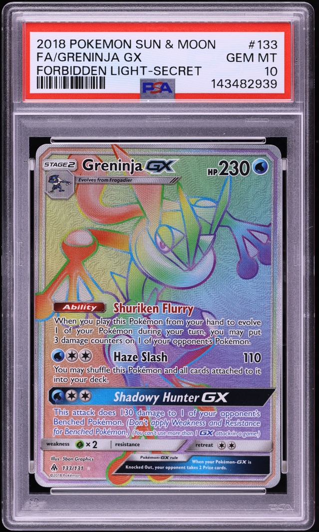 2018 Pokemon Sun & Moon Forbidden Light Rainbow Rare Greninja GX #133 PSA 10 GEM MINT