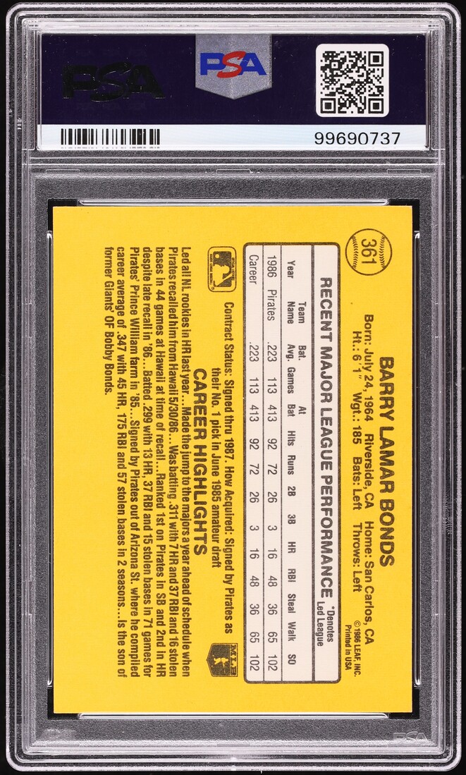 1987 Donruss Barry Bonds ROOKIE AUTO #361 DNA/PSA AUTH