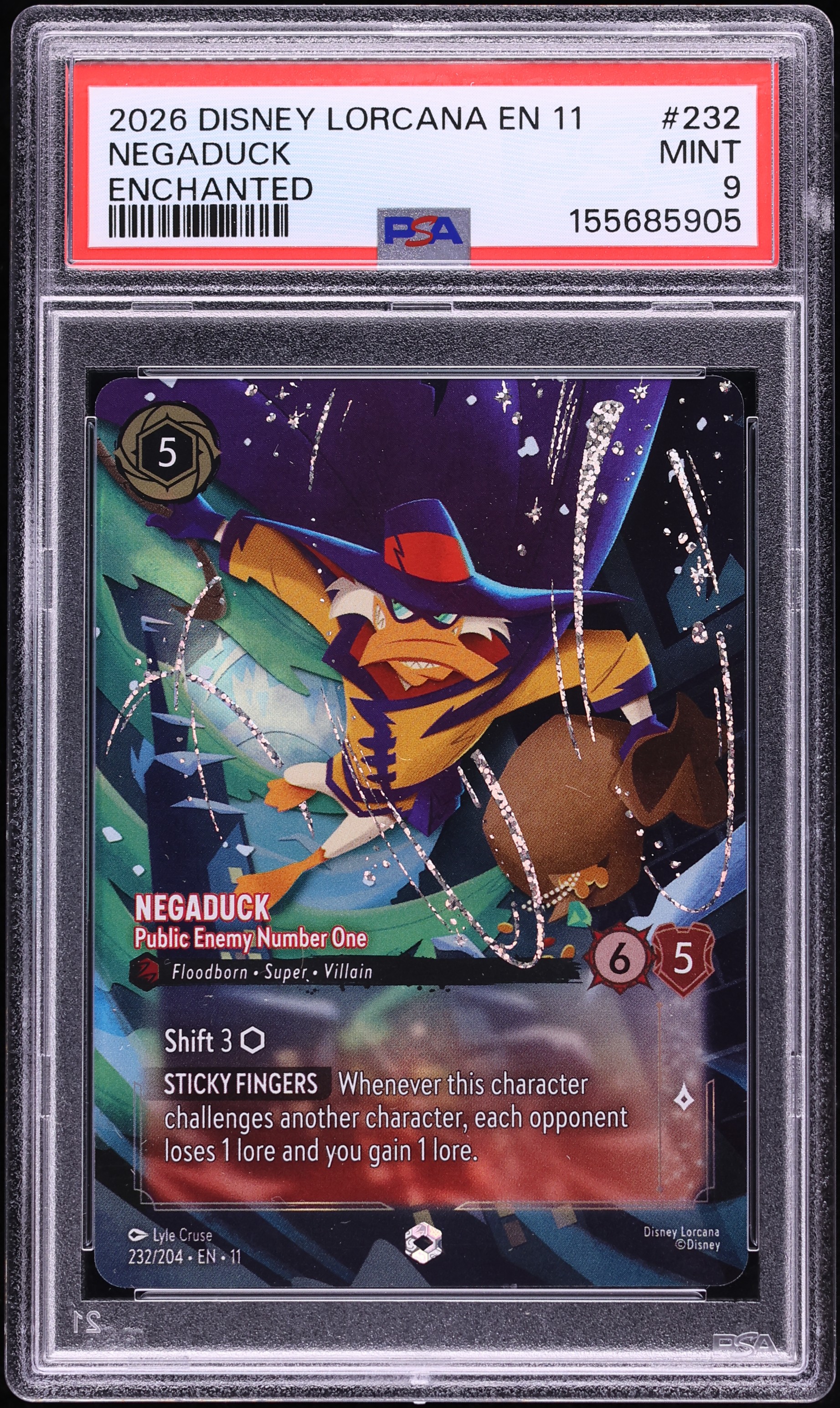 2026 Disney Lorcana Winterspell Enchanted Negaduck Public Enemy Number One #232 PSA 9 MINT