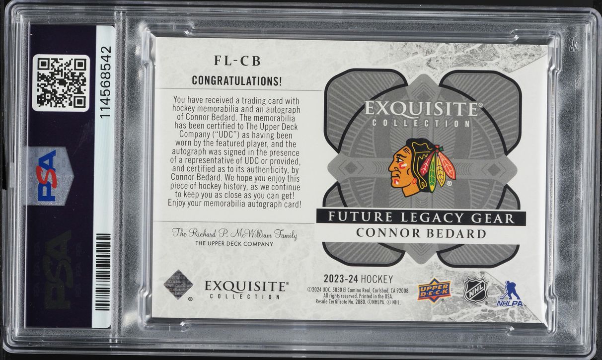 2023 UD Ice Exquisite Collection Quad Connor Bedard ROOKIE PATCH AUTO DNA 10 /45 PSA AUTH