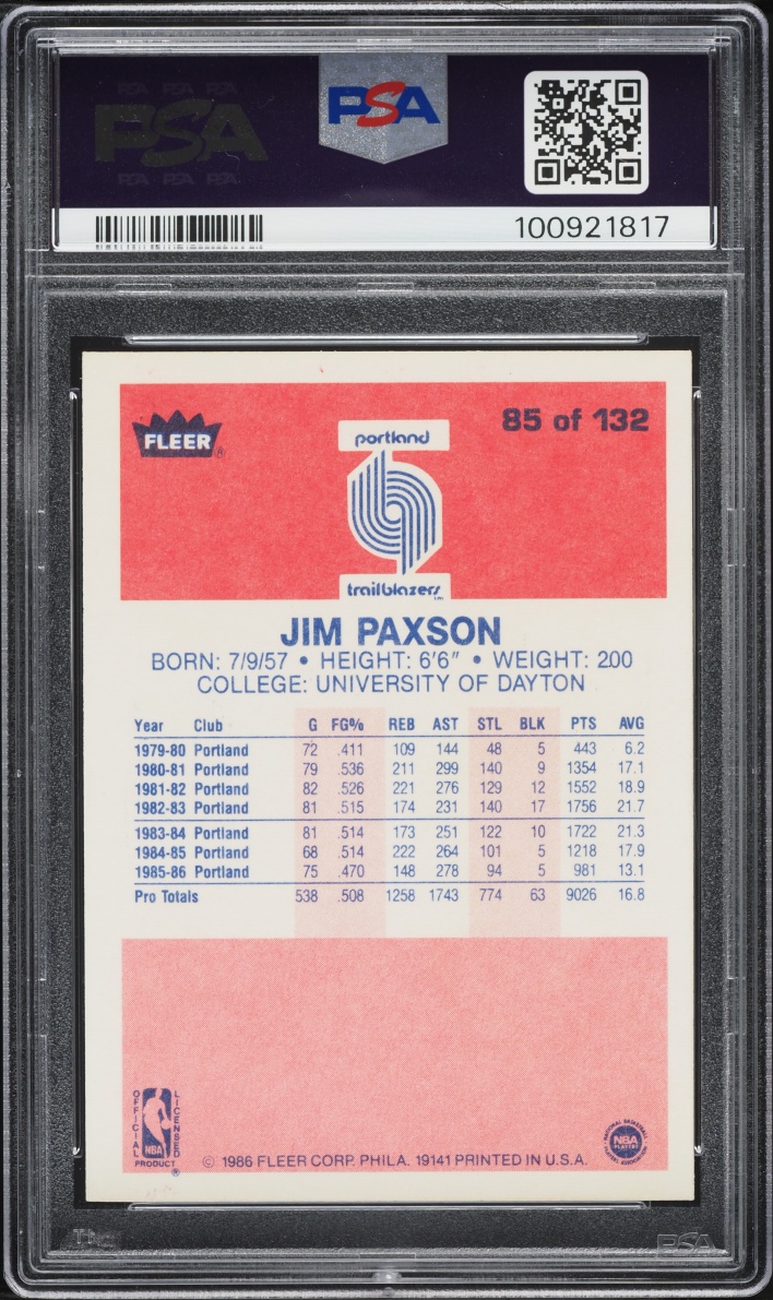 1986 Fleer Basketball Jim Paxson #85 PSA 8 NM-MT