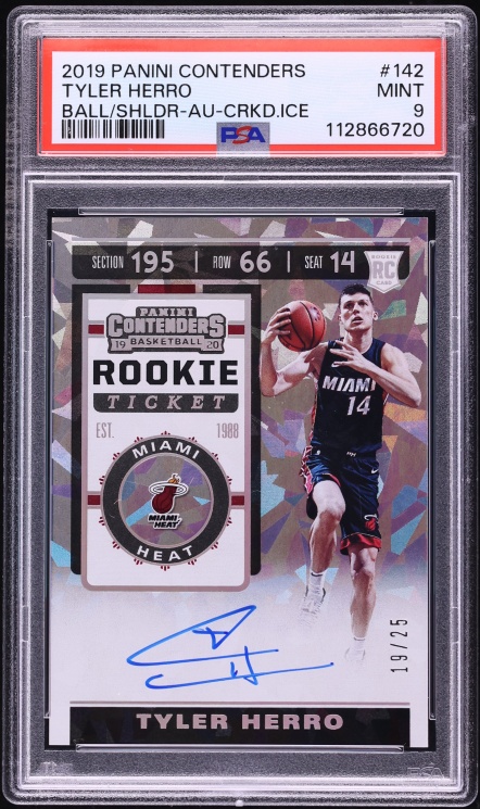 2019 Panini Contenders Ball On Shoulder Cracked Ice Tyler Herro ROOKIE AUTO /25 #142 PSA 9 MINT