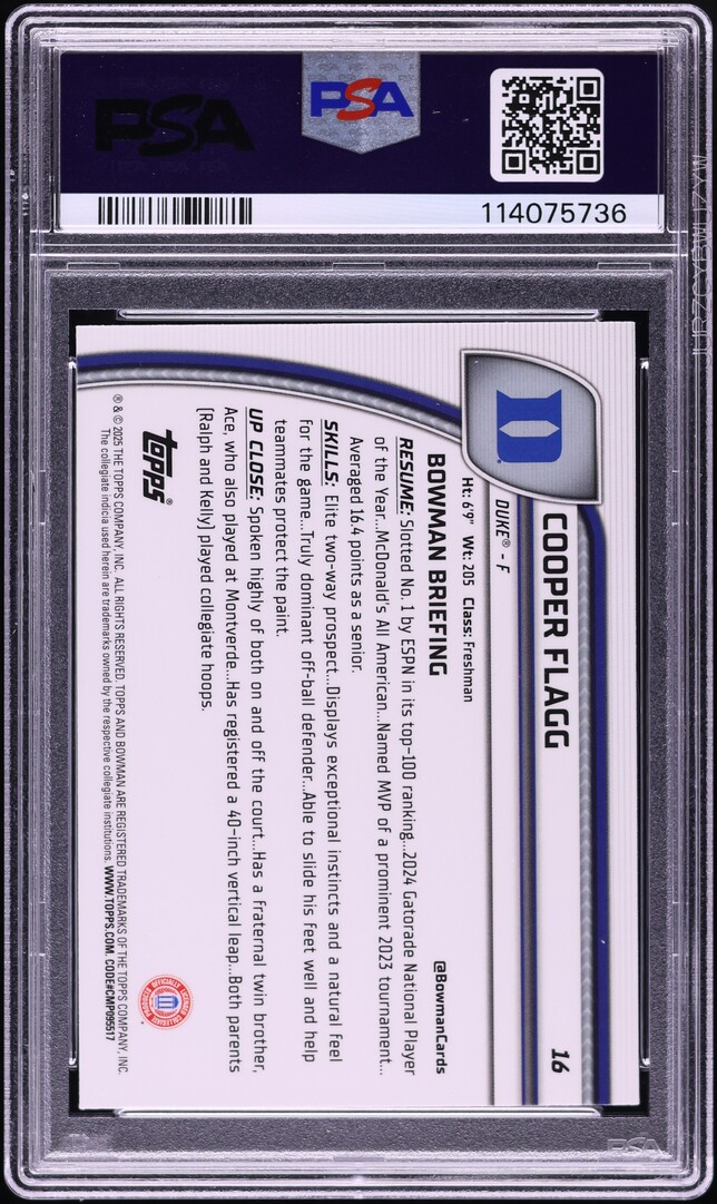 2024 Bowman Chrome University Purple Lava Cooper Flagg ROOKIE #16 PSA 9 MINT