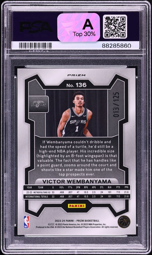 2023 Panini Prizm Blue Ice Victor Wembanyama ROOKIE /125 #136 PSA 10 GEM MINT
