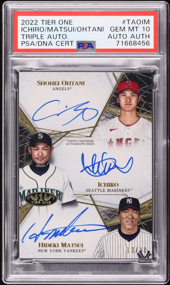 2022 Topps Tier One Triple Ichiro Hideki Matsui & Shohei Ohtani AUTO 10/10 #TAOIM PSA 10 GEM