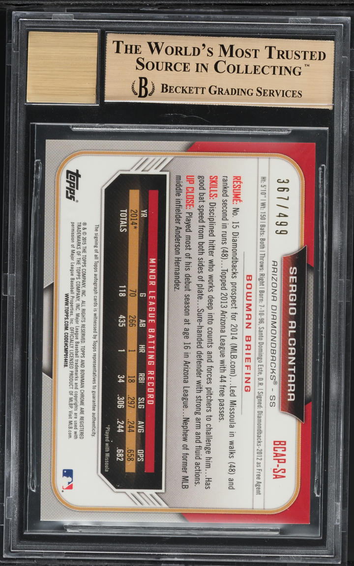 2015 Bowman Chrome Refractor Sergio Alcantara PROSPECT AUTO /499 #BCAP-SA BGS 9.5 GEM MINT