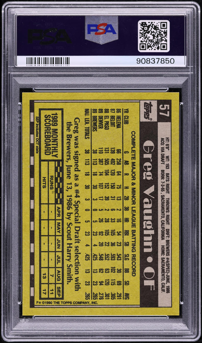 1990 Topps Greg Vaughn #57 PSA 10 GEM MINT