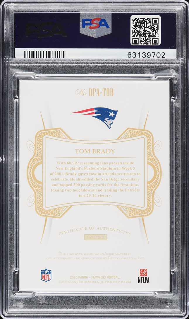 2020 Panini Flawless Dual Tom Brady PATCH DNA 10 AUTO /10 #DPATOB PSA 10 GEM